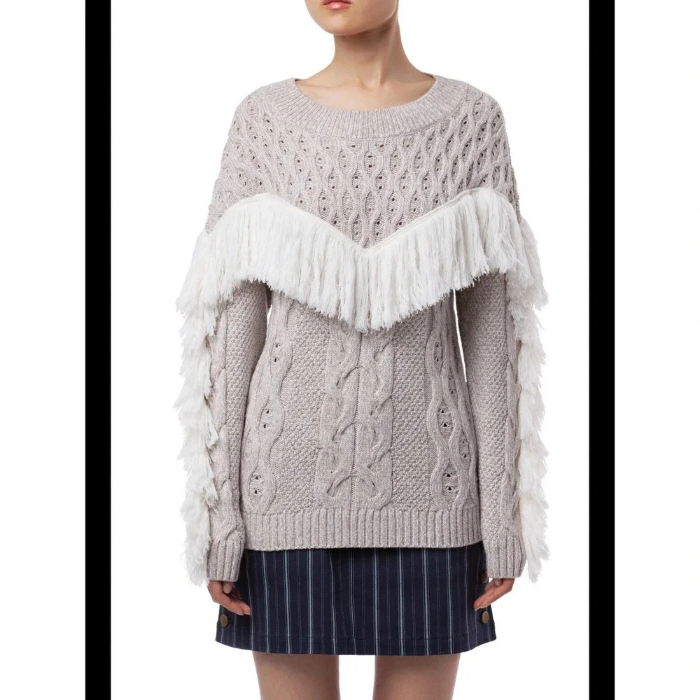 Amur Sweater Women Large Gray Cable Knit Western Fringe Fisherman‎ Sweater Wool